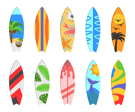 Collection 10 Illustrations of Surfboards with Different Prints Arts Summer and Beach Prints Set 1