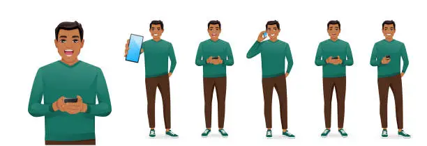 Vector illustration of Young business man with phone set