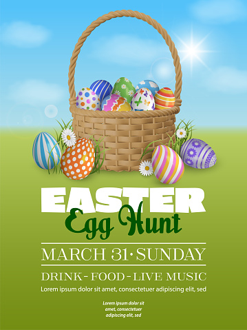 easter egg hunt poster with colorful eggs in a basket vector