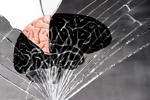 human brain on cracks texture broken mirror, glass background, neuroscience research aimed understanding mechanisms underlying brain function, including neuroplasticity, synaptic transmission