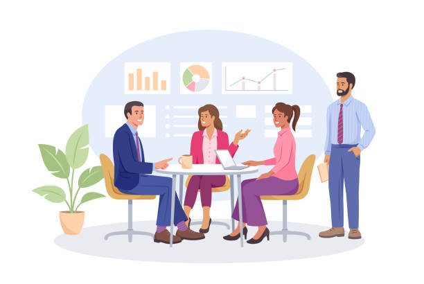 Business Meeting with Diverse Group of People Business meeting illustration. Vector flat style illustration of diverse group of business people sitting around the table and discussing business strategies. four people office stock illustrations