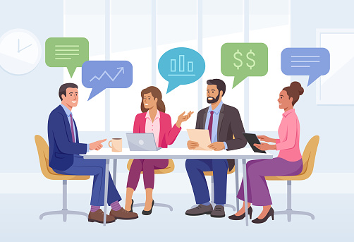 Business meeting illustration. Vector flat style illustration of diverse group of business people sitting around the table and discussing business strategies.