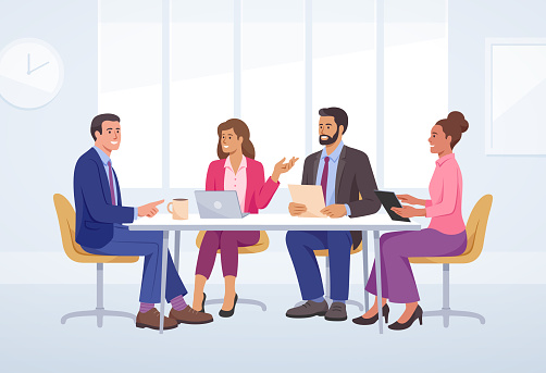 Business meeting illustration. Vector flat style illustration of diverse group of business people sitting around the table and discussing business strategies.