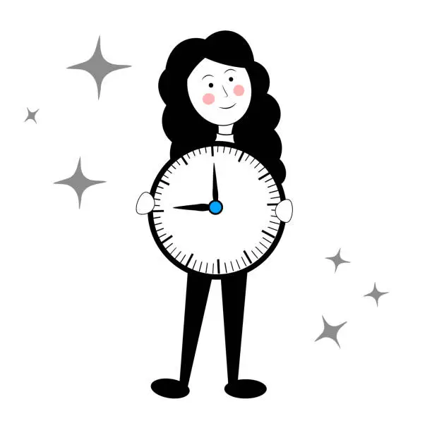 Vector illustration of Woman and watch on white background. Time management