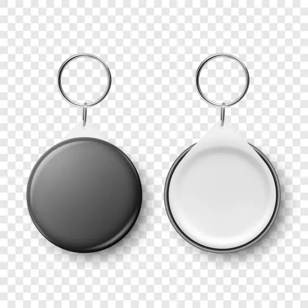 Vector illustration of Vector 3d Realistic Black Blank Round Button Badge with Ring Holder Closeup, Isolated. ID Badge Design Template, Mockup. Design Template for Access Pass, Identification, Events. Front, Back Side View