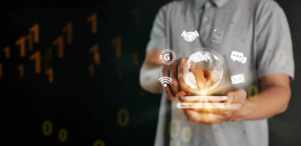 istock Global internet connection concept. Internet usage worldwide in everyday life. A man hand holds virtual globe with internet icons linked or connected to the business and technology world. 2013510775