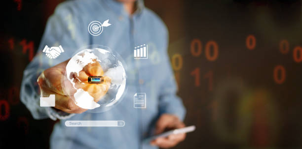 istock Global internet connection. Online digital data usage and sharing worldwide. Hand holds thumb drive with internet icons linked or connected to global electronics datum in business and technology. 2013510776