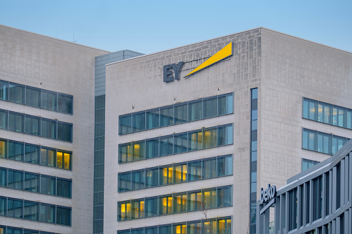 EY International audit, consulting corporation Company building, Ernst and Young, Business and Finance, corporations world economy, Business Technology, Frankfurt, Germany - February 08, 2024