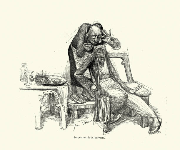 illustrations, cliparts, dessins animés et icônes de horreur, savant fou inspectant le cerveau d’un homme, contes des dix mille et deux nuits de félix duquesnel, - scientist bizarre halloween mad scientist