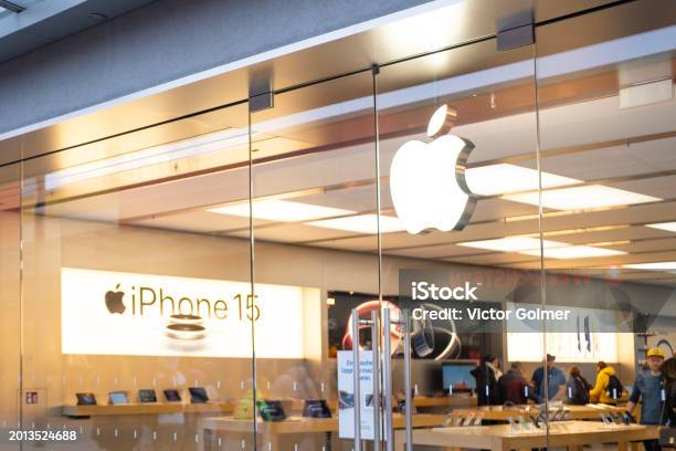 Modern Apple Store Frankfurt Zeil Brand Presence Gadgets Apple Testing New Gold Smartphone Iphone 15 Consumer Behavior Brand Presence Satellite Communication Frankfurt September 2023 Stock Photo - Download Image Now