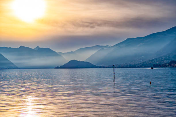A calm view of Lake Como framed by bare trees and mountains, reflecting soft winter light.