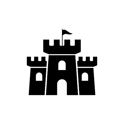 Castle vector icon fort symbol tower. Castle tower logo stronghold medieval silhouette icon.