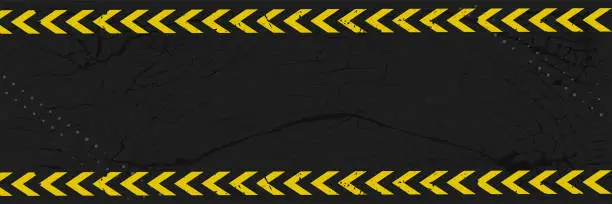 Vector illustration of Yellow Stripped Rectangle on dark gray background. Blank Warning Sign and text space. Warning Background. Danger caution grunge tape. Vector illustration for your design. EPS10.