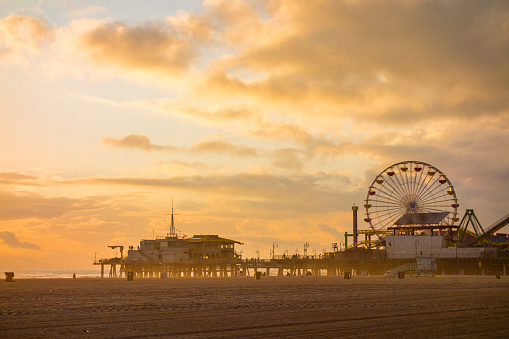 Colorful sunset in Santa Monica on the Marvin Braude bike path looking at the Santa Monica Pier.