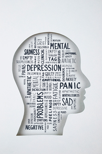 Human head in paper cut style and DEPRESSION concept word cloud