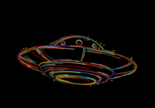 Flying saucer sketch, UFO, stylized vector hand drawing in colors over black