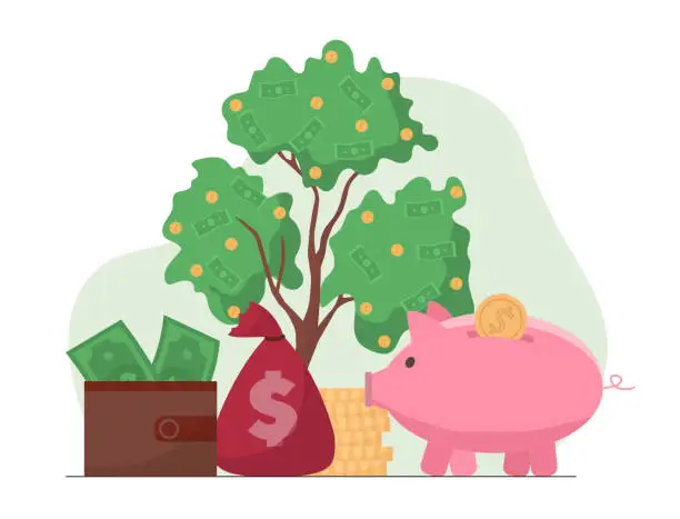 Vector illustration of Piggy bank near money tree vector