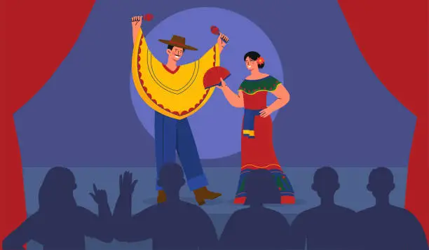 Vector illustration of People in mexican costumes at scene vector