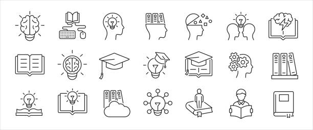 ilustrações de stock, clip art, desenhos animados e ícones de knowledge simple minimal thin line icons. related cognition, efficiency, genius, idea. editable stroke. vector illustration. - ideia