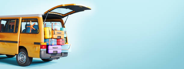 Summer travel concept. Orange van full with luggage on blue background with copy space.