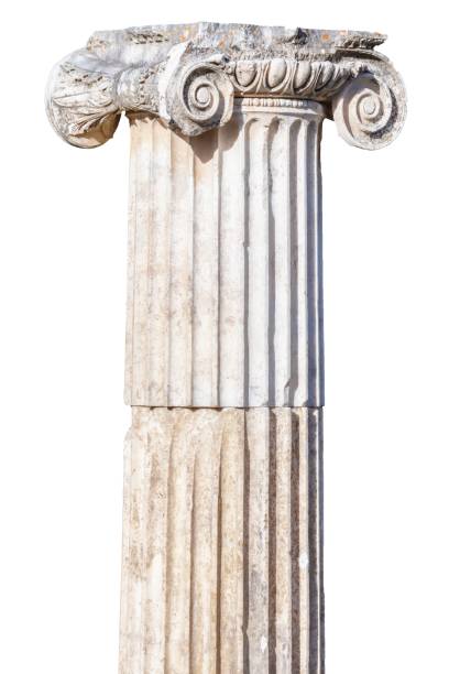 Ancient ionian column and capital. Marble. Isolated, white background. Architecture, design or archeology concept. Aphrodisias (Aydin), Turkey (Turkiye)