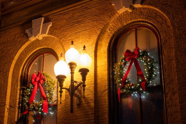 Christmas decoration at historic Town Hall, Saratoga Springs, New York, USA