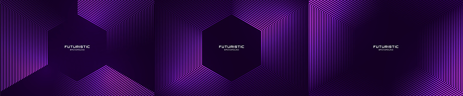 3D purple techno abstract background overlap layer on dark space. Modern banner set with glowing hexagonal shape effect decoration. Graphic design element lines style concept for web, poster, flyer, card cover or brochure