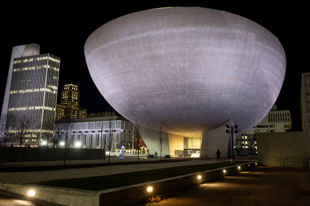 Albany, USA - December 21, 2023. The Egg and government buildings at Capital Complex of Empire State Plaza at night in the downtown Albany, New York, USA