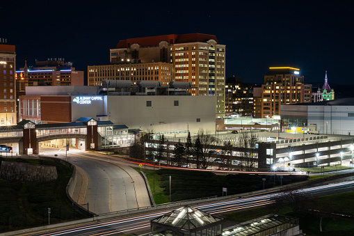 Albany, USA - December 21, 2023. Skyline of Albany at night in downtown Albany, New York, USA