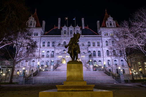 Albany, USA - December 21, 2023. State Capitol at night in the downtown Albany, New York, USA
