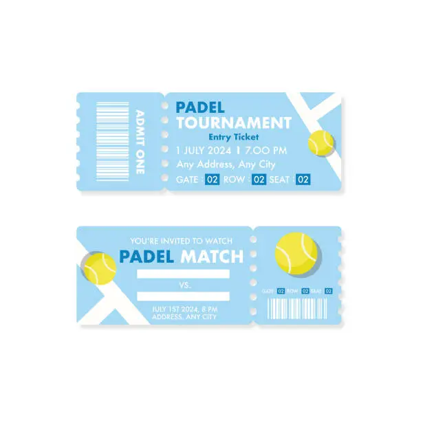 Vector illustration of Padel tournament ticket template. Ball and court line. Set of sport tickets with blank space.