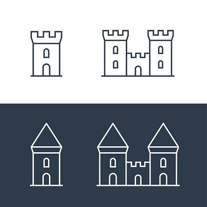 Castle vector icon fort line symbol tower. Castle tower logo stronghold medieval silhouette icon.