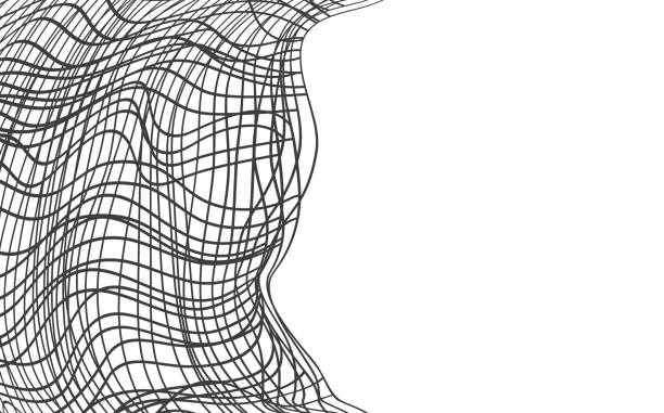 Print Illustration of a black fishing or football net.Checkered wavy background in doodle style. how to draw a volleyball net drawing stock illustrations
