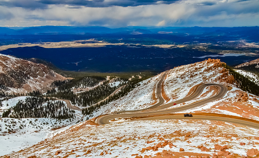 Winding road, serpentine in the mountains up to the Pikes Peak Mountain, Colorado, USA