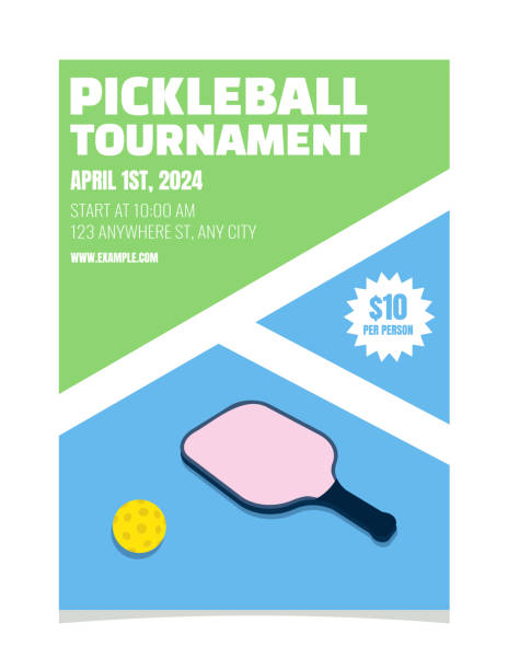 ilustrações de stock, clip art, desenhos animados e ícones de simple flat and modern pickleball poster. tournament event template. bright and colorful vector illustration with court, paddle and ball. - campeonato