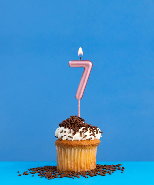istock Candle number 7 - Birthday card with cupcake on blue background 2013833763