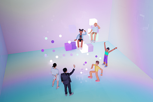 Couple waving to avatars in VR environment. 3D generated image.