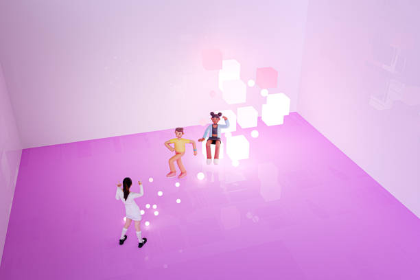 Young woman interacting with avatars in VR. 3D generated image.
