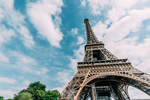 Eiffel Tower in Paris, France, as seen from below the Trocadero Fountains Tourist Area