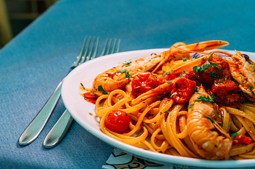 Pasta with Gamberoni / Prawns, Shrimp, and Roasted Tomatoes in Amalfi, Italy - a Refreshing Summer Dish for Dinner