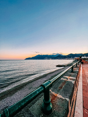 View of Amalfi Coast at Sunset from ⁨Lungomare Trieste⁩, ⁨Salerno⁩, ⁨⁨Italy⁩ in the Summer