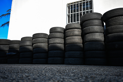 tires for recycling I n a row.