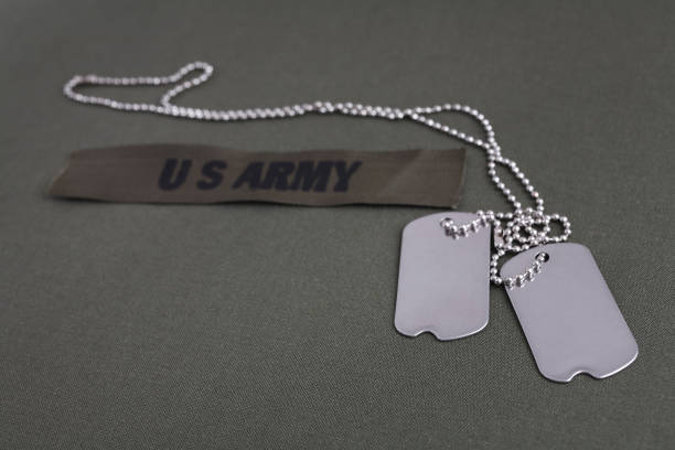 istock U.S. Army Branch Tape with dog tags on olive drab uniform 2013860906