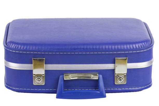 Vintage blue suitcase isolated on white background.