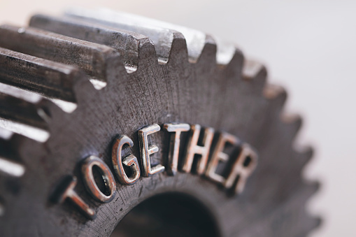 Rustic metal gears with together text