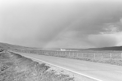 McDougall United Church near Morley, Alberta. The image is from old black and white film in 1975.