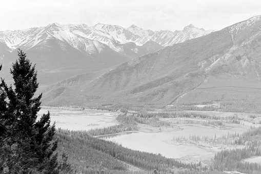 Banff, Alberta. The image is from old black and white film in 1975.