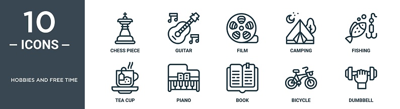 hobbies and free time outline icon set includes thin line chess piece, guitar, film, camping, fishing, tea cup, piano icons for report, presentation, diagram, web design