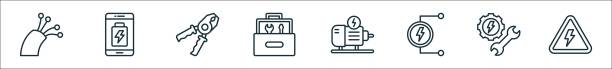 istock outline set of electricity line icons. linear vector icons such as cable, smartphone charger, pliers, toolbox, motor, voltage, electricity, electrical danger 2013916797