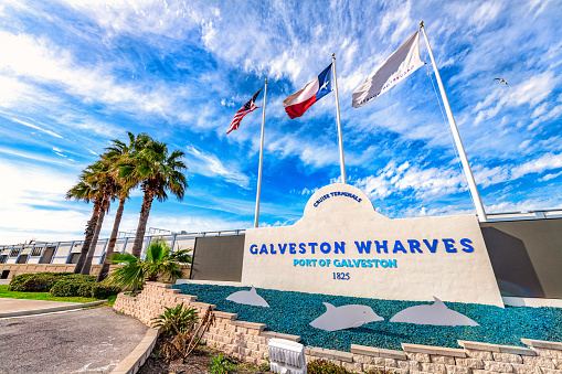 The sign at the entrance to the Galveston Cruise Ship Terminal located along the waterfront in Galveston, Texas.